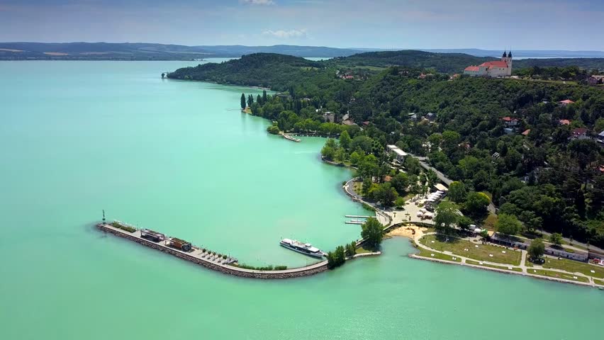 Tihany, Hungary - 4K aerial view of Tihany by Lake Balaton with Benedictine Monastery at daytime