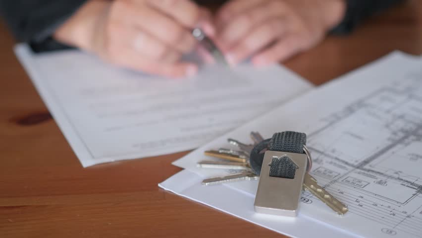 reading and signing a contract for buying, renting an apartment, flat, with keys Royalty-Free Stock Footage #1012344947