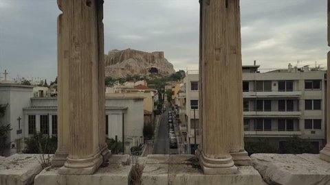 Athens gateway Arch Hadrian. Acropolis, Parthenon in background. 4K drone shot