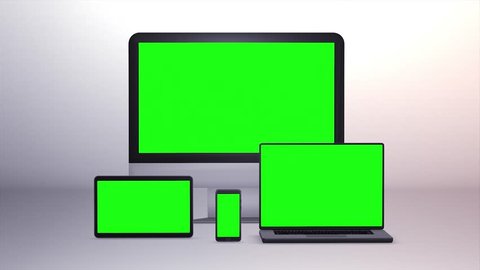 desktop computer, laptop, tablet pc and smartphone animation . Green screen, alpha mask (3d render)