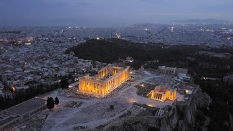 Athens Acropolis and Odeon of Herodes in 4K aerial drone shot. beautiful light up in the evening stadium or arena, Greece Greek capitcal 