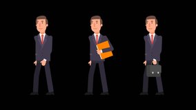 Businessman walking holding folder and suitcase. Alpha channel. Motion graphics. Animation video.