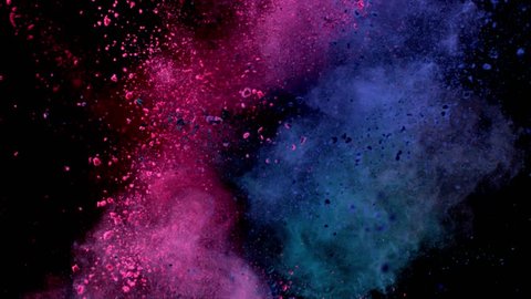 Super slow motion of colored powder explosion isolated on black background. Filmed on high speed cinema camera, 1000fps.