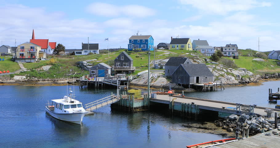 View of colorful buildings at Peggys Cove, Nova Scotia 4K