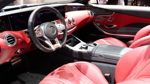 Brussels, Belgium - January 10, 2018: Mercedes-AMG S65 Cabriolet luxury convertible car interior on display during the 2018 European Motor Show Brussels.