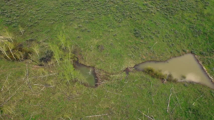Aerial view panning over beaver ponds in green landscape in small valley.
