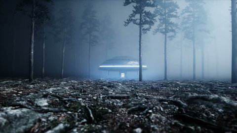 UFO in fog night forest. landing place. 4K animation.