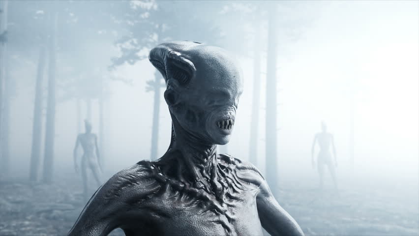 scary monster in fog night forest. Fear and horror. Mistic and ufo concept. Realistic 4K animation.