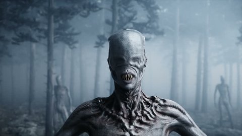 scary monster in fog night forest. Fear and horror. Mistic and ufo concept. Realistic 4K animation.