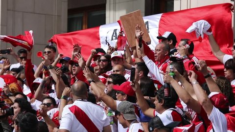 Moscow, Russia - June, 2018: Peru football fans on world cup championship in Moscow, Russia