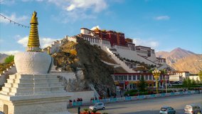 4K Timelapse Movie Sunset Scene with Traffice Light of Potala Palace, Tibet, China