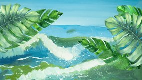 Top view flat animation Watercolor swaying palm branches and leaves on the background of Watercolor waves, sea and sky with clouds and yacht. Motion design video
