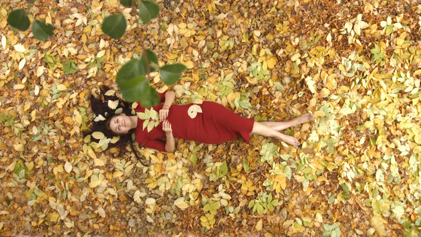 
A young cheerful girl lies on the leaves. She looks on the up and smiles.
Leaves fall on she from above. The camera moves smoothly over the girl from right to left. Slow motion. Top view. 