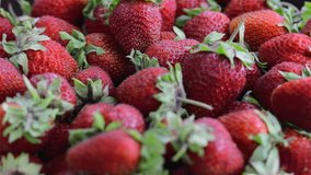Fresh, ripe, juicy strawberries rotate. Red strawberries clockwise rotation, close-up. Strawberry background.