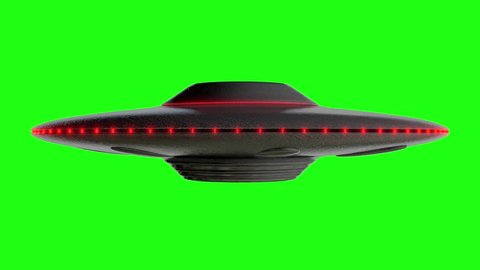 UFO - Flying Saucer with RED lights rotating infinite repeat loop - isolated on green screen background