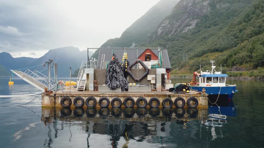 Farm salmon fishing in Norway. Household placement for farm workers. Beautiful seascape.