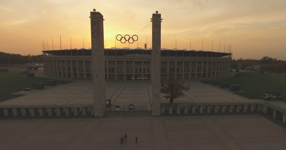 BERLIN, GERMANY - OCTOBER 18, 2017: Aerial view of the Olympia Stadium, built for the 1936 Summer Olympics. Taken from the top of the tower in the Olympic Park. Berlin, Germany
