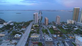 Aerial approach Miami Julia Tuttle Causeway Biscayne Bay