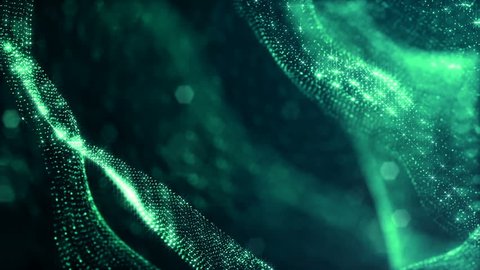 Dark digital abstract background with beautiful glowing particles. 3d render background with particles and depth of field. Loop animation, seamless footage. Green 1