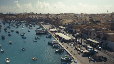 Aerial shot over a fish Market in Marsaxlokk Malta