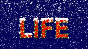 New Year text text LIFE. Snow falls. Christmas mood, looped video. Alpha channel Premultiplied - Matted with deep blue RGB(04:00:5B)