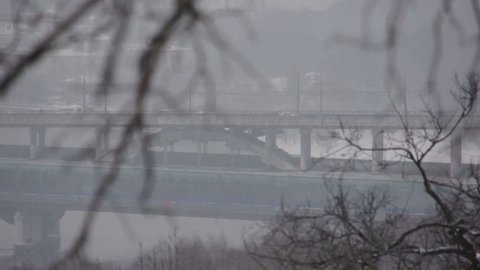 Winter city bridge landscape video