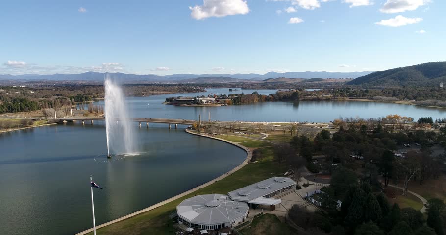 Tall fountain in the middle of Lake Burley Griffin in Canberra – capital city of Australia.
