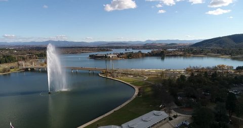 Tall fountain in the middle of Lake Burley Griffin in Canberra – capital city of Australia.
