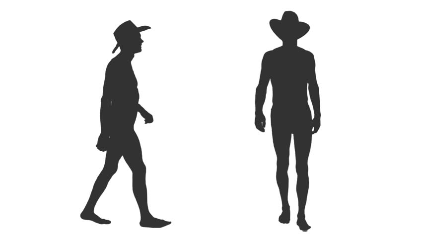 Silhouette of young man walking in swim trunks and cowboy hat on transparent background, Front and side view, 2 in 1, Full HD footage with alpha transparency channel isolated on white background Royalty-Free Stock Footage #1012425908