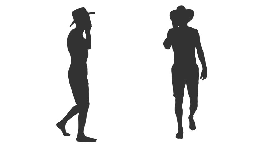 Silhouette of young man in cowboy hat walks and talking on smartphone, Front and side view, Set of 2 in 1, Full HD footage with alpha transparency channel isolated on white background Royalty-Free Stock Footage #1012425950