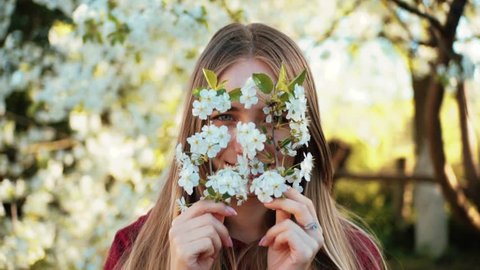 Portrait of charming Caucasian girl with attractive smile hiding behind flowering twigs. Blue-eyed young woman looking at camera, smiling on background of garden. Spring. Close-up.