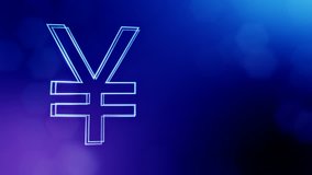 Animation icon or emblem of Japanese yen Logo. Background made of glow particles as vitrtual hologram. Shiny 3D loop animation with depth of field, bokeh and copy space. Blue version 3