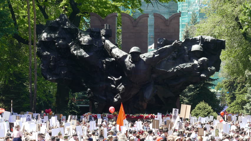 ALMATY, KAZAKHSTAN - MAY 9, 2018: traditional annual procession of the Immortal Regiment in honor of the dead people during the Second World War in the fight against fascism.