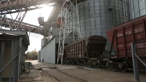 Freight train with agricultural crops as cargo transportations moving at big grain terminal near sea. Unloading grain from railway carriage to elevator. Grain transshipment facility hub silo.