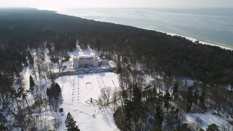 flight over big old manor house at winter