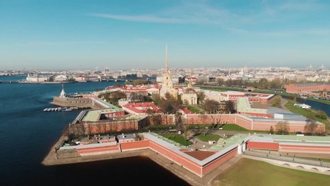 Aerial cinematic view of the Peter and Paul fortress as historical city center of St. Petersburg