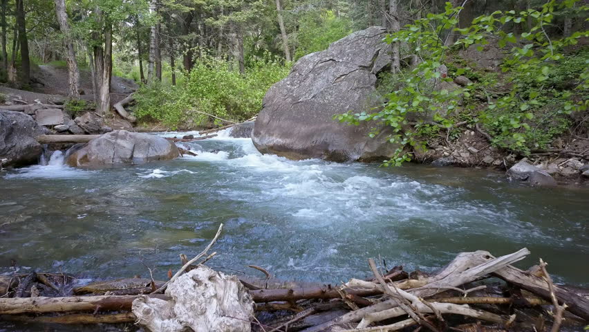 View of the American Fork River flowing while flying low in Utah.