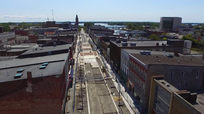 aerial shot of road construction in downtown