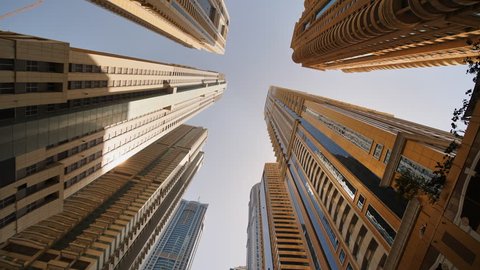 High-rise skyscrapers of Dubai. Shooting in motion.