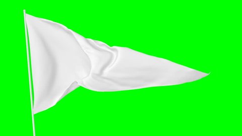 White triangular blank plain flag on flagpole flying and waving in the wind, surrender flag, 3D animation with green screen