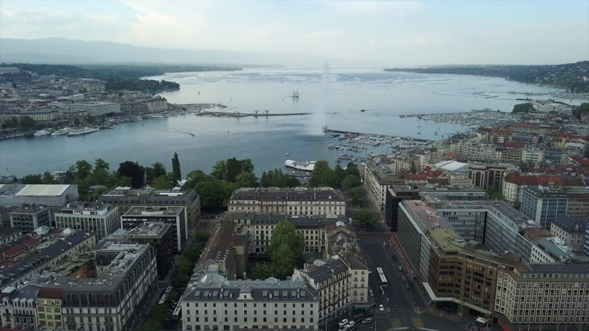 evening time geneva cityscape lake bay aerial panorama 4k switzerland