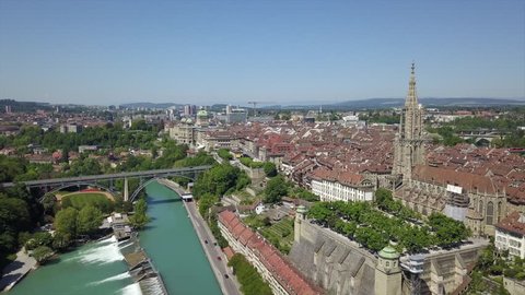 sunny day bern cityscape riverside bay traffic bridge aerial panorama 4k switzerland