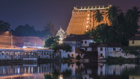 Famous Trivandrum 
Padmanabhaswamy Temple in Kerala, India, 4k night time lapse footage