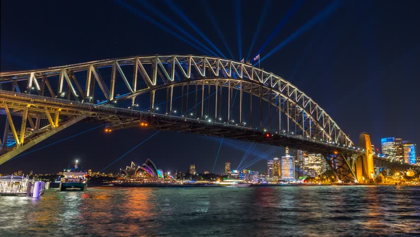 Sydney Harbour Bridge during Vivid Sydney Festival - timelapse video of the Spectacular light show and reflection around the Sydney Harbour Bridge and CBD of Sydney