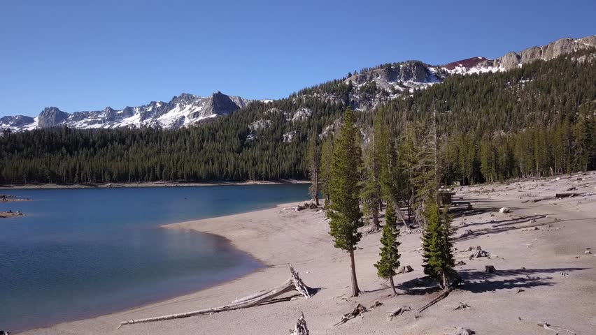 Flying over Horseshoe lake in the Eastern Sierra, Mammoth lake area.