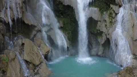 Kuang Si Waterfall, Laos, ascending drone shot. 