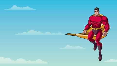 Animation of happy cartoon superhero wearing cape and red costume while flying in the sky.