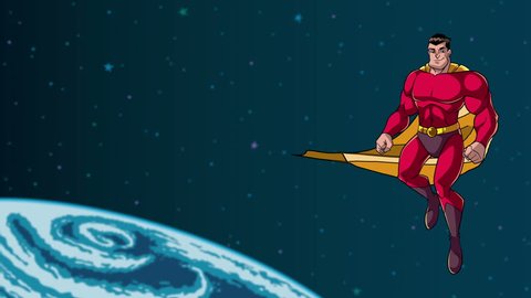 Animation of happy cartoon superhero wearing cape and red costume while flying in outer space.