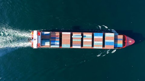 Large Container Ship at Sea, Aerial Top Down View
