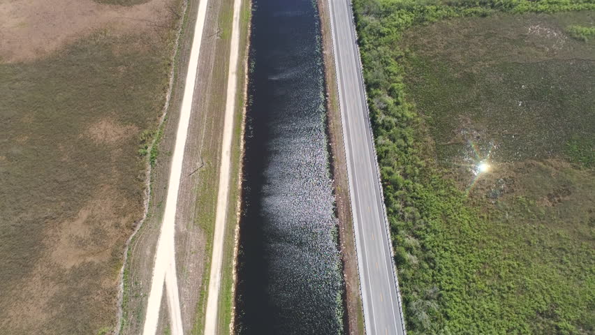 Aerial shot of country road. Route US-41 in Everglades swamps - Florida, United States